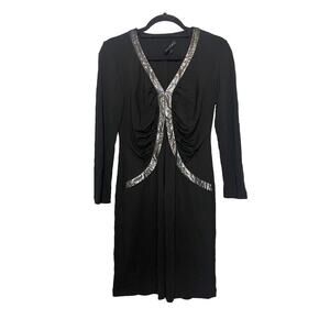 Lafayette 148 Size 6 Black Dress Metallic Silver Trim Ruched Sides Stretchy